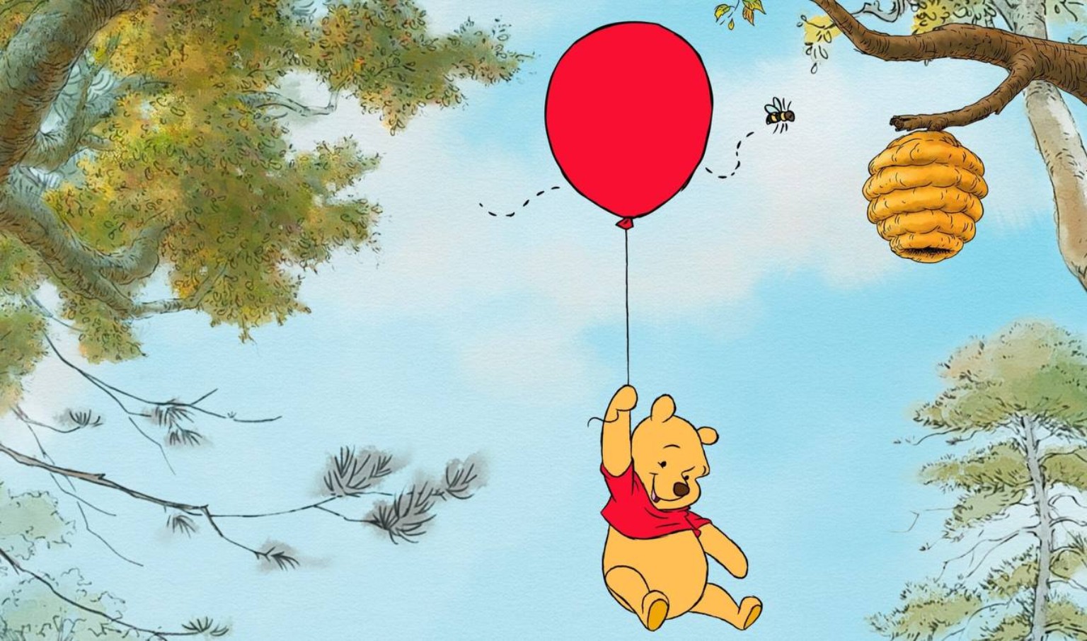 Pooh floating with a red balloon through a woodland sky